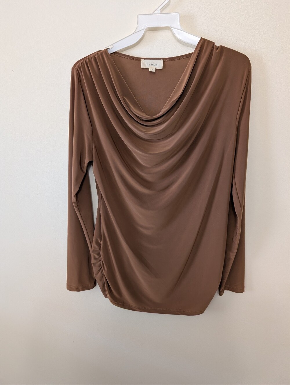 BE Stage Women's Brown Cowl Neck long sleeve Elegant Blouse w pleated sides Sz S